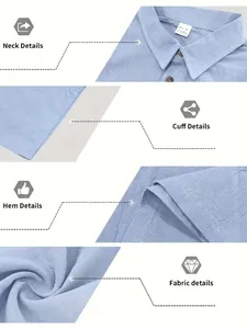 Detailed views of light blue linen shirt set showing neck, cuff, and fabric texture