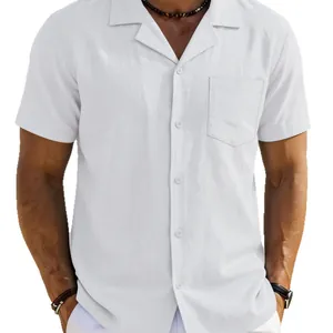 Chemise décontractée pour homme rétro en coton et lin blanc à manches courtes