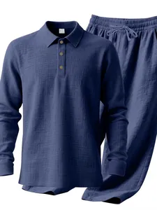 Detail view of men's navy blue linen blend long sleeve shirt and matching trousers set