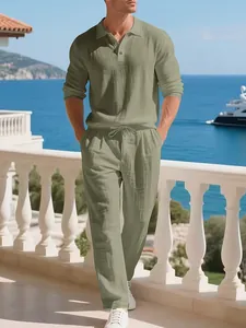 Casual sage green linen two-piece set for men featuring a polo shirt and drawstring pants