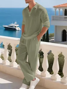 Casual sage green linen polo and pants set for men's beach vacation wear