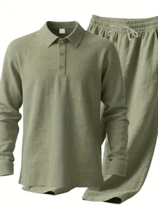 Detailed view of men's olive green linen blend long sleeve shirt and matching pants set