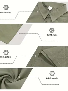 Close-up details of collar, cuff, hem and textured linen fabric of a men's green shirt