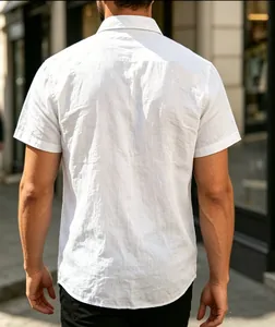Detailed back view of men's white jacquard short sleeve casual polo shirt.