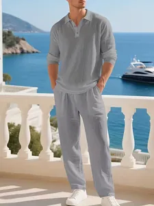 Casual grey linen two-piece set for men featuring a polo shirt and matching beach trousers