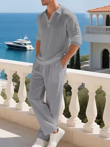 Men's casual grey linen two-piece set featuring long sleeve polo shirt and matching beach pants