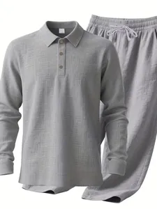 Detail view of men's casual linen-blend long-sleeve shirt and matching drawstring pants in grey.