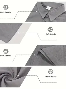 Close-up details of collar, cuffs, hem and linen fabric texture for men's casual shirt