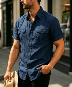 Close-up view of a men's navy blue short sleeve jacquard casual shirt with chest pockets