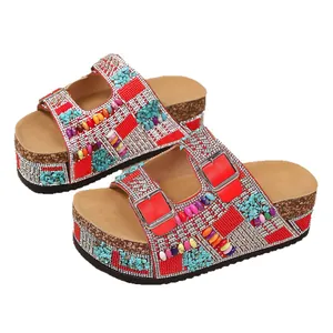 Kleurrijke strass plateau-slippers met kurkzool en dubbele gesp voor dames zomer