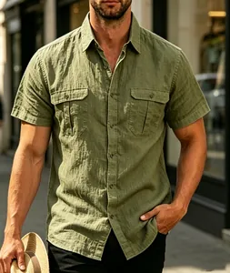 Close-up detail of olive green men's jacquard short sleeve shirt with chest pockets