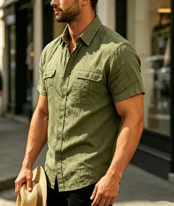 Detail view of men's olive green short sleeve casual linen shirt with chest pockets
