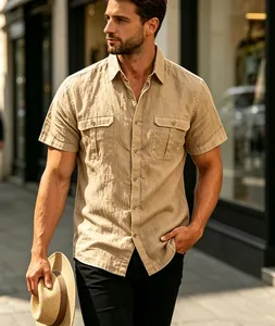 Stylish men's khaki short sleeve shirt with linen texture and functional double pockets