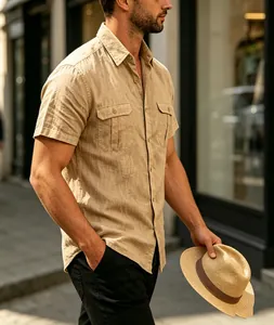 Side view of a khaki men's linen short-sleeved shirt with dual chest pockets.
