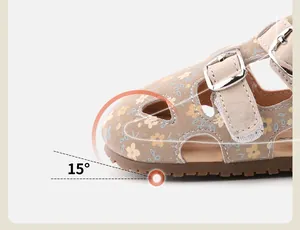 Close-up of children's floral sandal showing 15-degree toe spring design