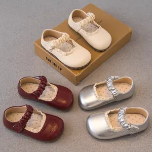 Chaussures Mary Jane Princesse pour Filles en Cuir PU Bordure Dentelle Bride Élastique Plissée Semelle Souple Enfants