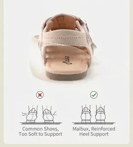 Détail de la fente de soutien du talon renforcé sur les sandales en cuir beige filles