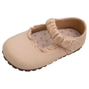 Chaussures Mary Jane beiges en cuir pour filles avec bride froncée et semelle souple, style