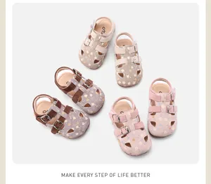 Overhead view of toddler floral cutout sandals in pink, cream, and brown color options