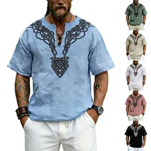 T-shirt homme imprimé nœud celtique en lin flammé à col en V, plusieurs coloris