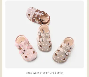 Stylish floral cutout sandals for baby girls in various colors featuring soft soles