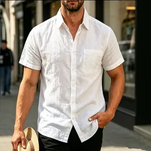 Classic men's summer casual white linen short-sleeve shirt featuring a front chest pocket