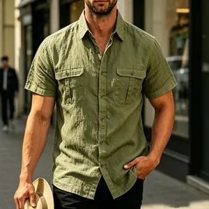 Men's olive green jacquard short sleeve button-up shirt in outdoor street style