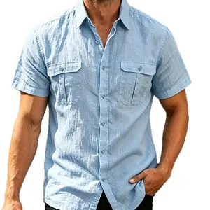 Light blue short sleeve jacquard button-down shirt for men with utility chest pockets