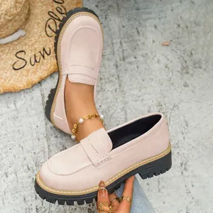 Retro pink suede platform loafers featuring thick rubber soles for casual spring wear style
