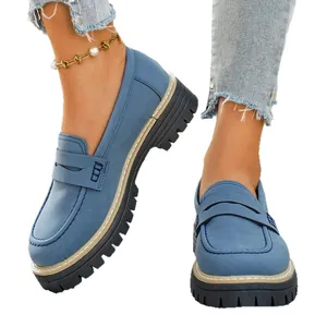 Retro blue nubuck leather loafers with comfortable thick platform soles for women