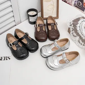 Girls Mary Jane Shoes T-Strap Princess Shoes Brogue Wingtip Detailing Kids PU Leather Casual Flat Shoes For School Party