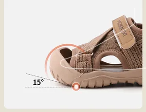 Detail of the 15-degree anti-collision closed toe design on kids brown sandals