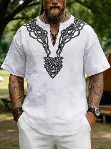 T-shirt casual da uomo bianca con scollo a V, stampa a nodo celtico e vestibilità morbida