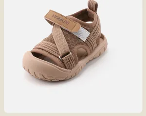 Detailed view of children's khaki breathable mesh sandal with protective toe cap