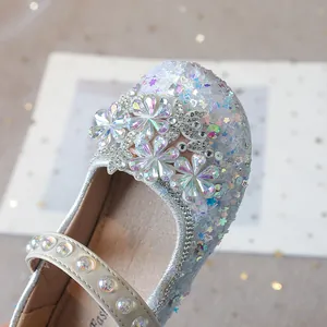 Sparkling silver princess shoes for girls with iridescent rhinestone flower decorations