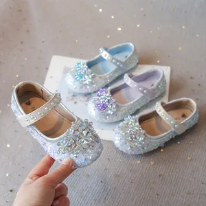Sparkling glittery girls crystal princess shoes with rhinestone flowers and faux pearls