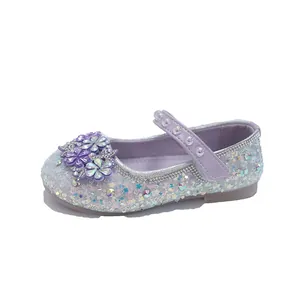 Elegant purple glitter princess shoes for girls with floral rhinestones and pearls