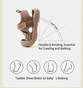 Close-up detail of flexible brown toddler walking sandals showing the soft sole bending