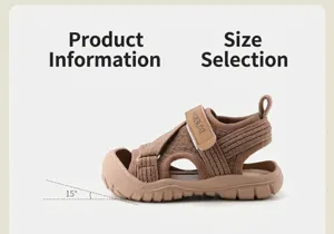 Detail view of brown kids sports sandals featuring a 15-degree toe lift design