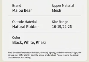 Product details and specifications chart for breathable children's mesh sandals