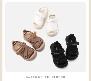 Detail view showing three colors of breathable kids sporty sandals with soft soles.