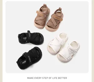 Selection of children's closed-toe sports sandals in khaki, black, and white colors