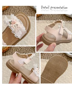 Detailansichten von rosa Prinzessinnen-Sandalen für Mädchen mit Spitze und Perlen