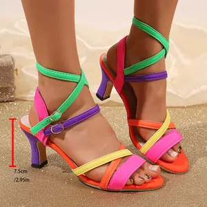 Side view detail of vibrant multi-colored strappy sandals with a 7.5cm flared high heel