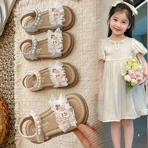 Sandali per Bambine Stile Coreano Scarpe da Principessa Estate Perle Pizzo Sandali da Spiaggia Bassi per Bambini Argento Rosa