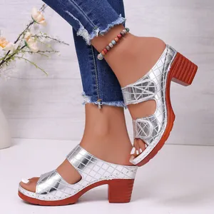 Detailansicht silberner geprägter Sandalen mit Blockabsatz und offenem Zehendesign