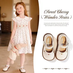 Toddler Girls Princess Mary Jane Shoes Synthetic Leather Floral Embroidery Soft Sole Velcro Flat Shoes For Kids Party Wedding