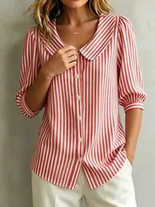 Chic red and white vertical striped blouse with puffed medium sleeves and Peter Pan collar