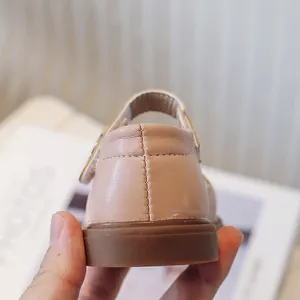 Rear view of soft-sole pink baby girls' leather Mary Janes showing stitching detail