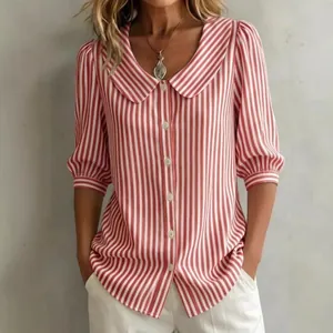 Women's Casual Striped Peter Pan Collar Blouse Top Half Sleeve Button Down Polyester Printed Shirt